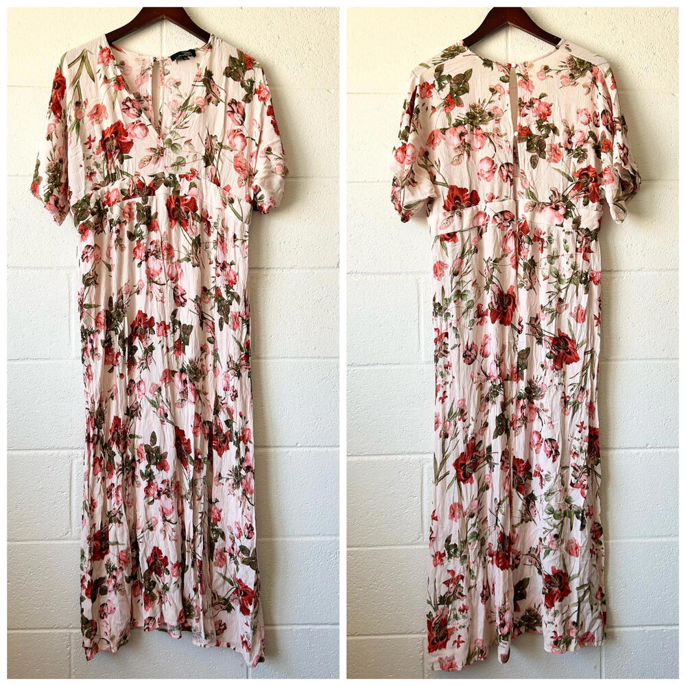 Suzanne Betro Pink Floral Roses V-Neck Front Slit Maxi Dress Women's Large